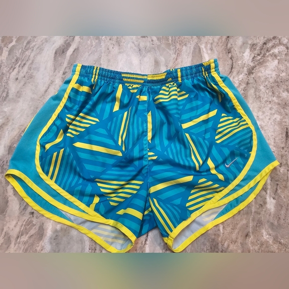 Nike Dri-FIT Women’s Running Shorts Medium Blue Yellow Geometric Print - Picture 1 of 8
